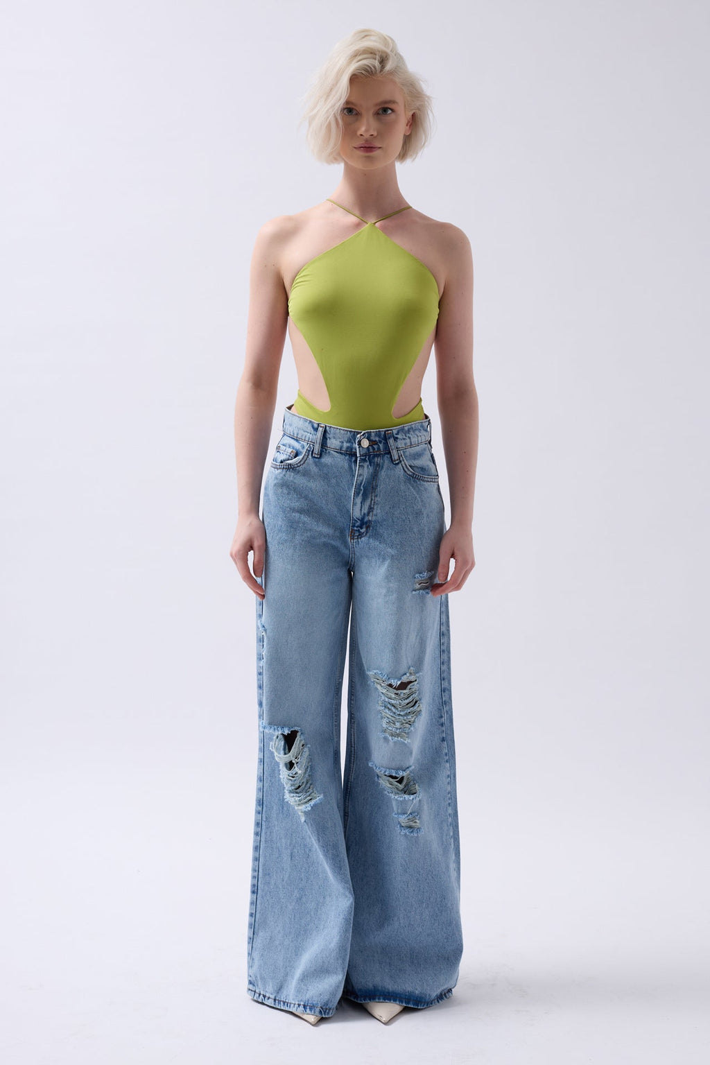Laser Cut Wide Leg High Waist Blue Jeans