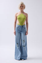 Laser Cut Wide Leg High Waist Blue Jeans