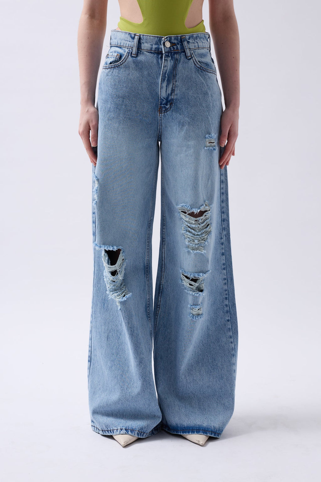 Laser Cut Wide Leg High Waist Blue Jeans