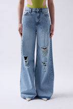 Laser Cut Wide Leg High Waist Blue Jeans