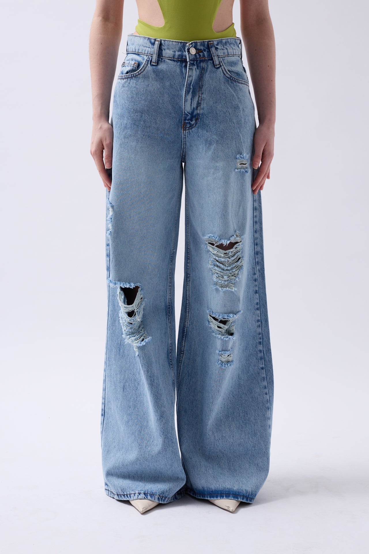 Laser Cut Wide Leg High Waist Blue Jeans
