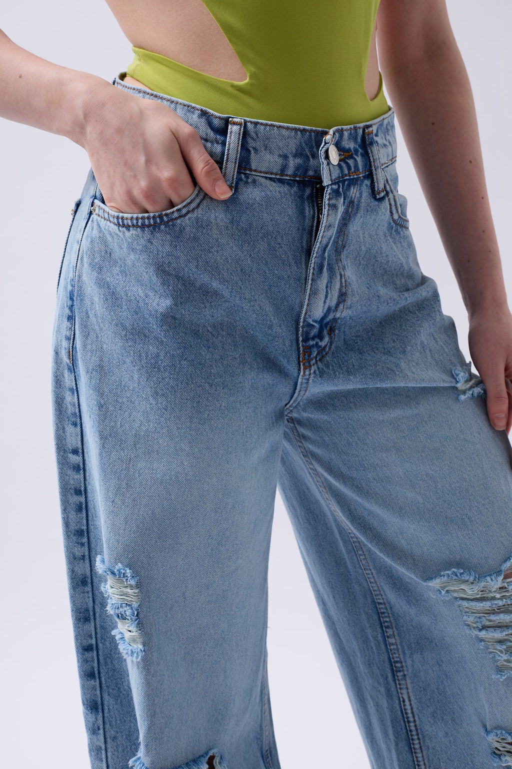 Laser Cut Wide Leg High Waist Blue Jeans