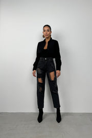 Laser Cut Gray Mom Jeans