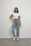 Laser Cut Light Blue Mom Jeans