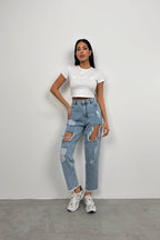 Laser Cut Light Blue Mom Jeans