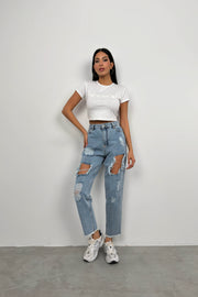 Laser Cut Light Blue Mom Jeans