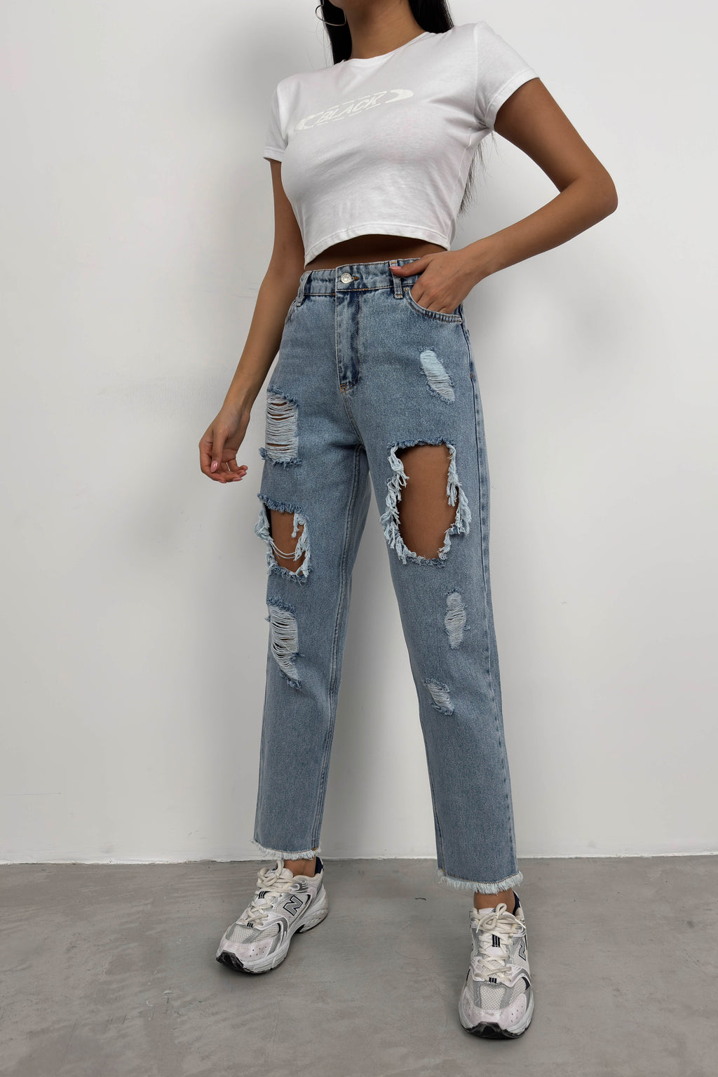 Laser Cut Light Blue Mom Jeans