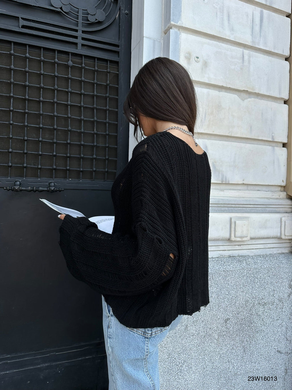 Laser Cut Black Knit Sweater