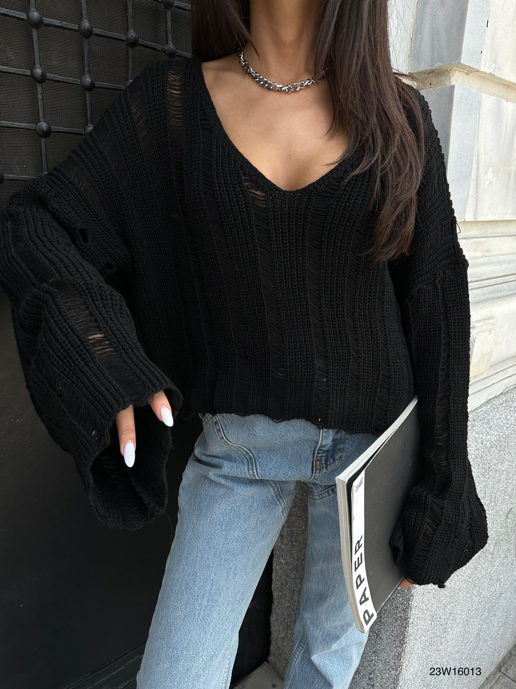 Laser Cut Black Knit Sweater