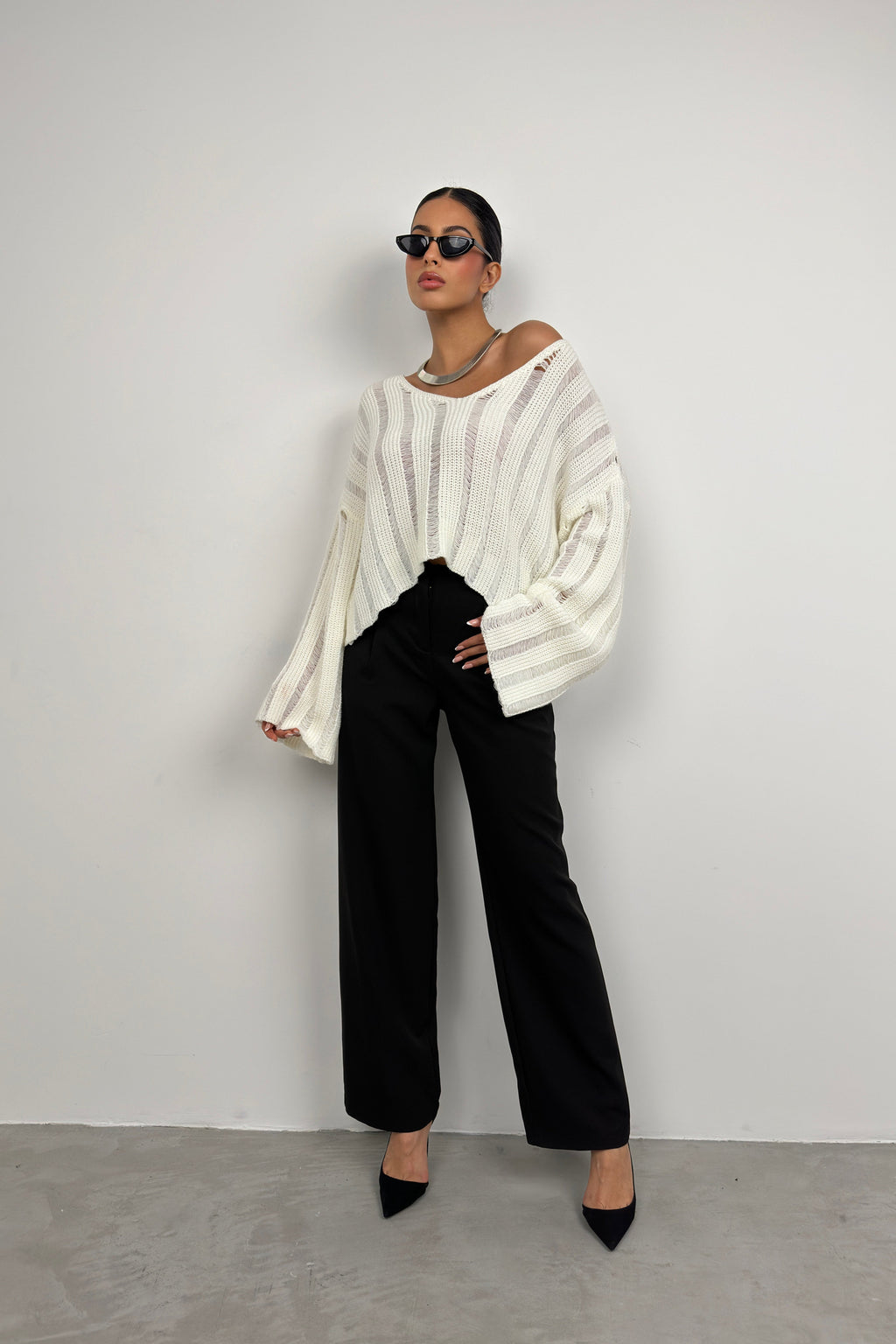 Laser Cut Ecru Knit Sweater