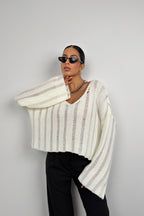 Laser Cut Ecru Knit Sweater