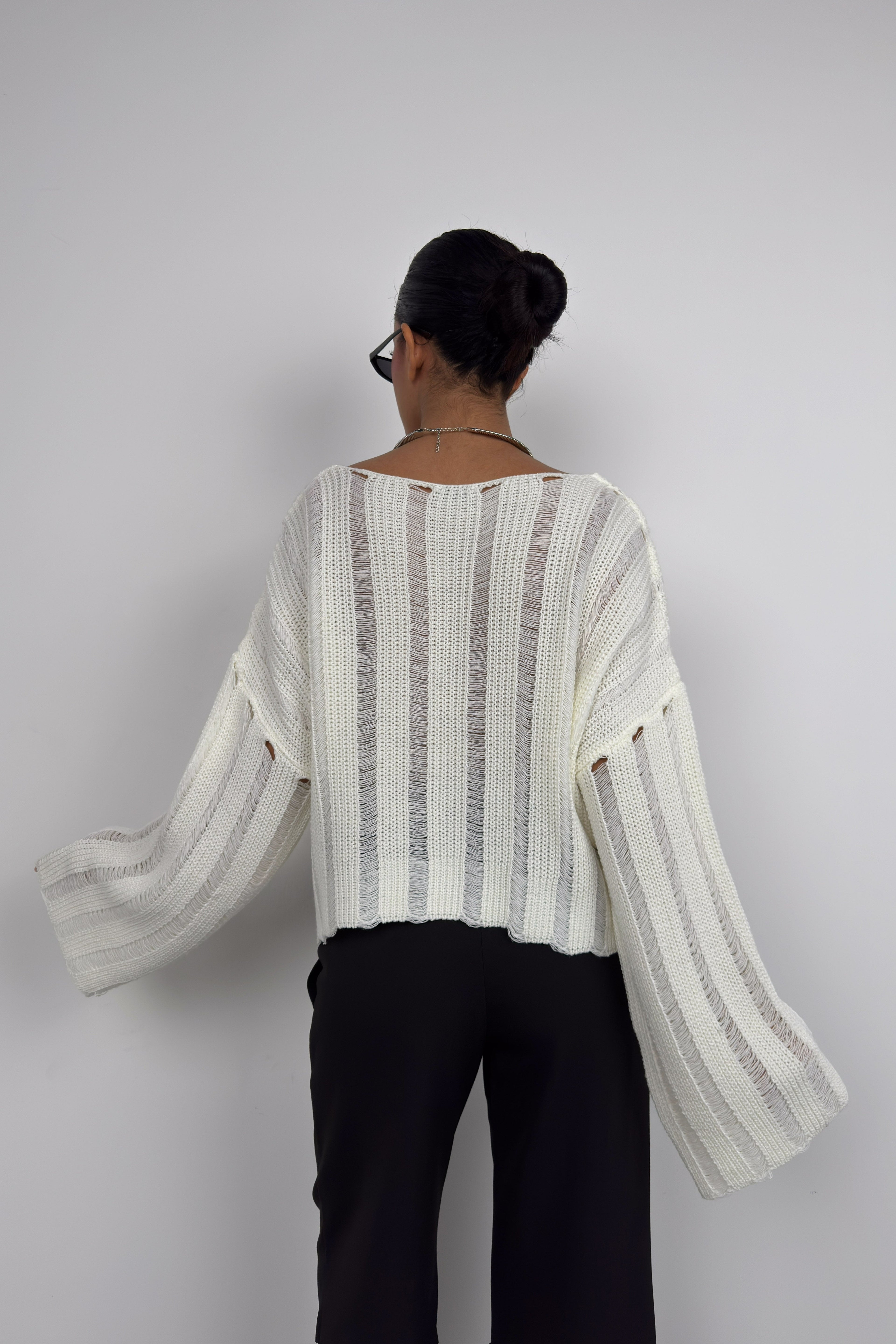 Laser Cut Ecru Knit Sweater