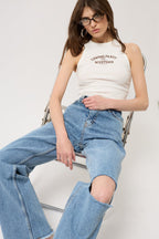 Laser Cut Wide Leg Blue Jeans