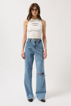 Laser Cut Wide Leg Blue Jeans