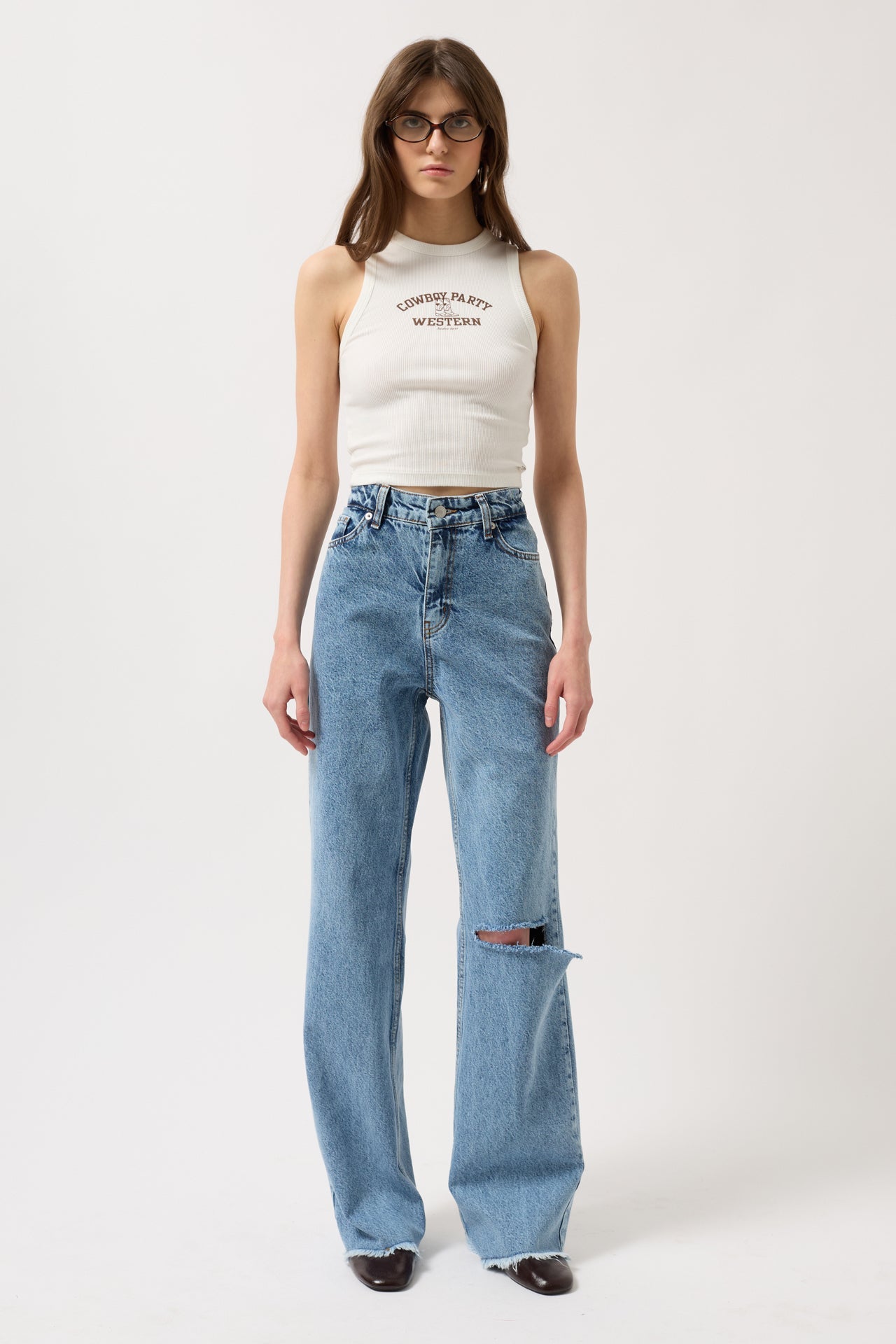 Laser Cut Wide Leg Blue Jeans