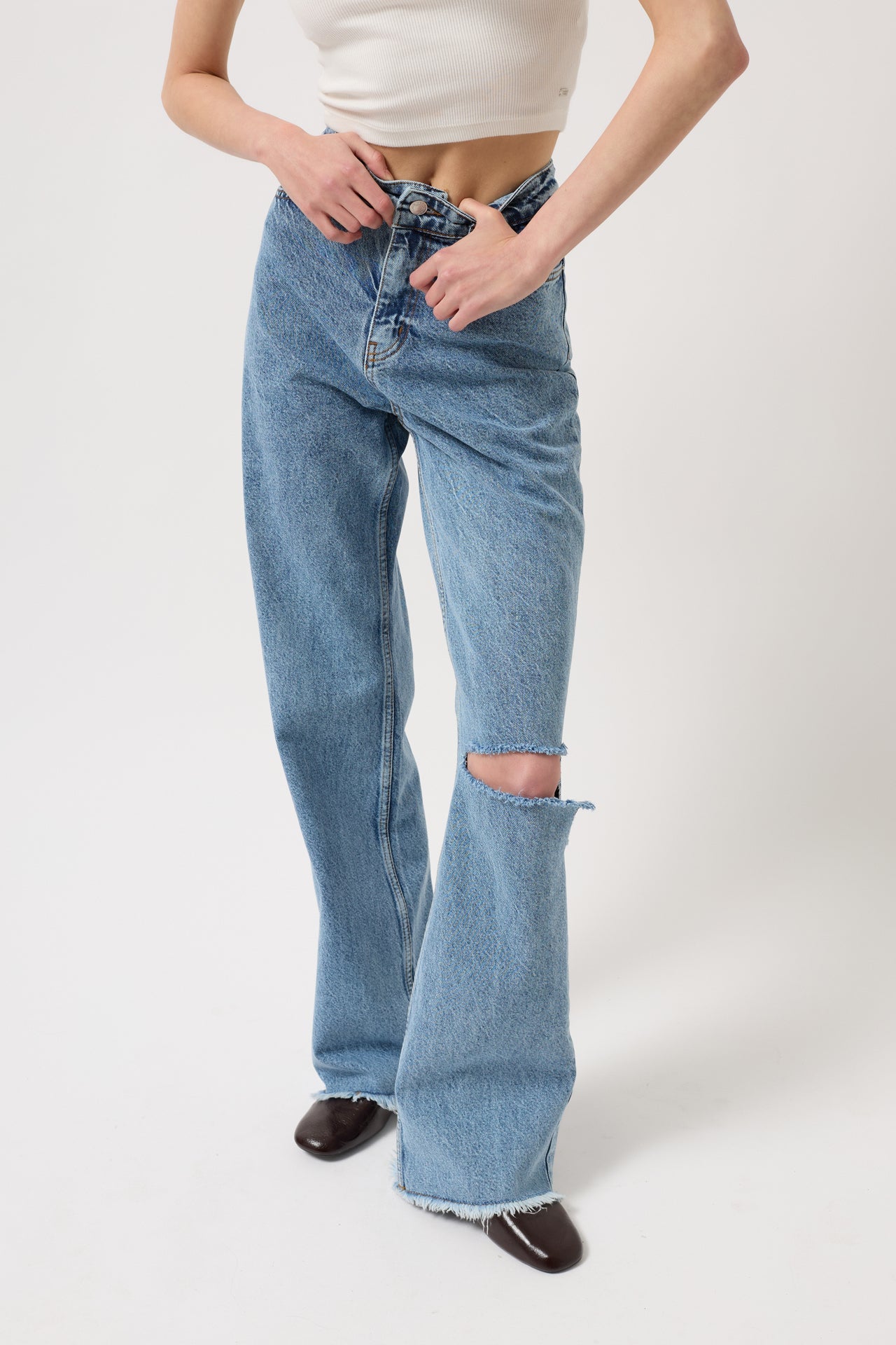 Laser Cut Wide Leg Blue Jeans
