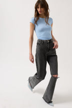 Laser Cut Wide Leg Black Jeans