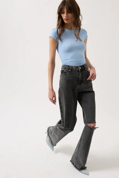 Low Waist Knee Fold Black Jeans