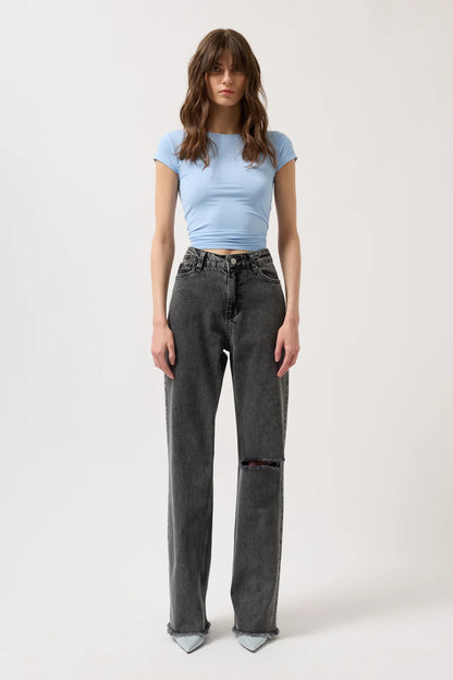 Low Waist Knee Fold Black Jeans