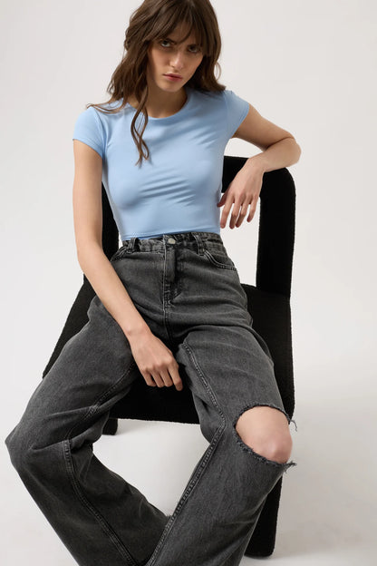 Low Waist Knee Fold Black Jeans