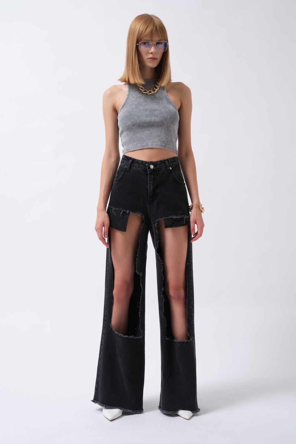 Laser Cut High Waist Black Jeans