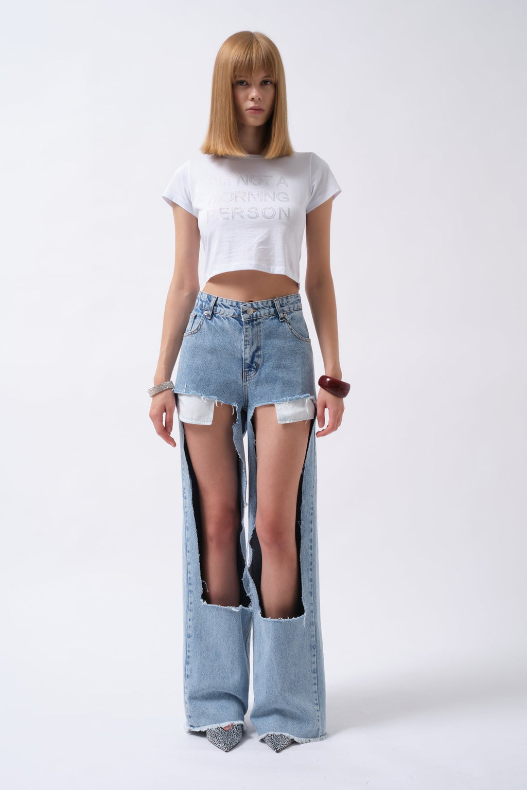 Laser Cut High Waist Blue Jeans