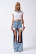 Laser Cut High Waist Blue Jeans