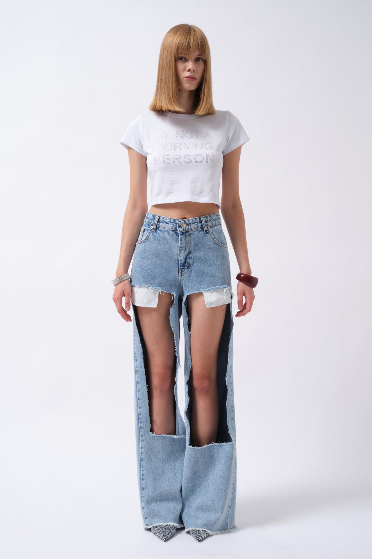 Laser Cut High Waist Blue Jeans