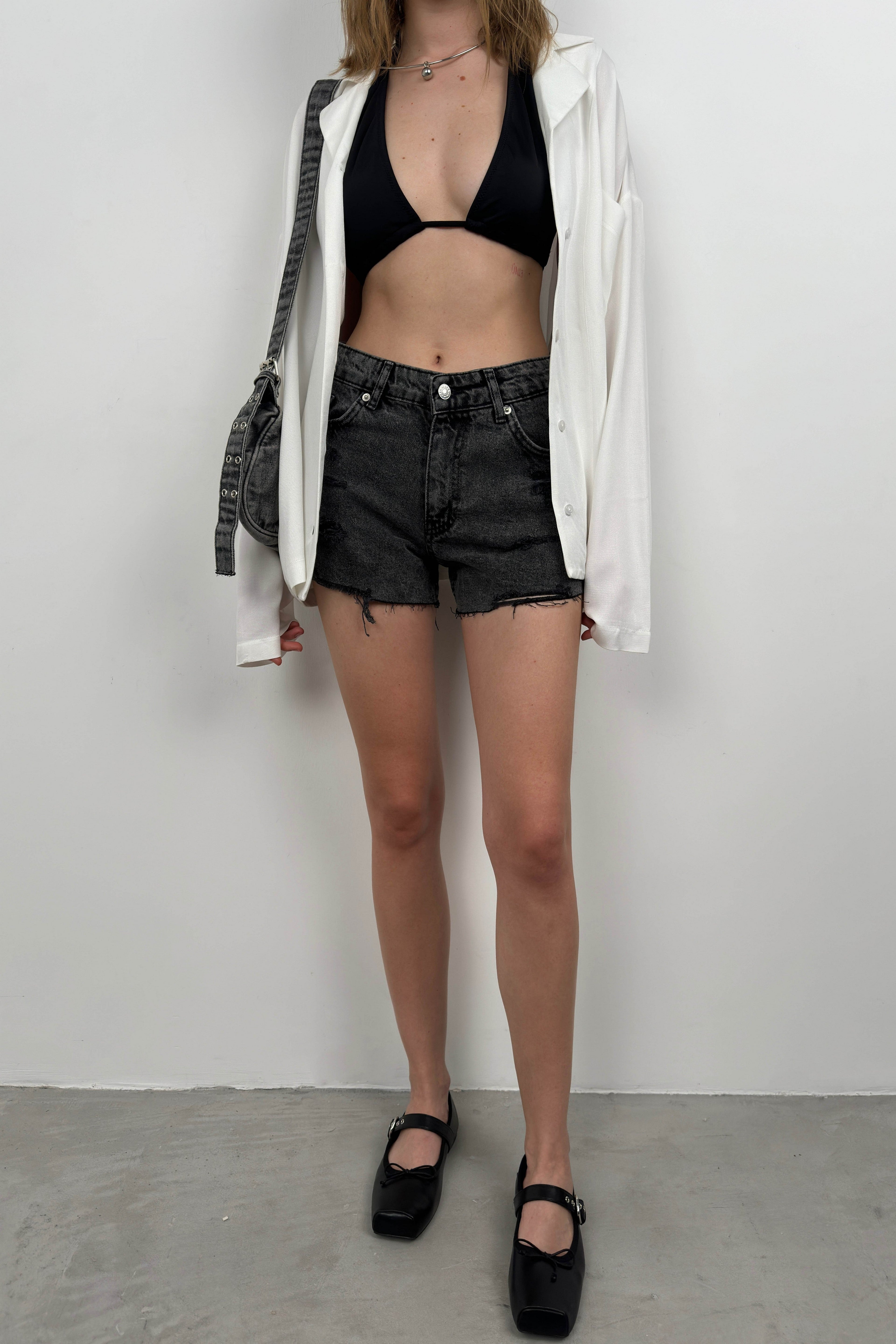 Laser Cut Gray Denim Shorts