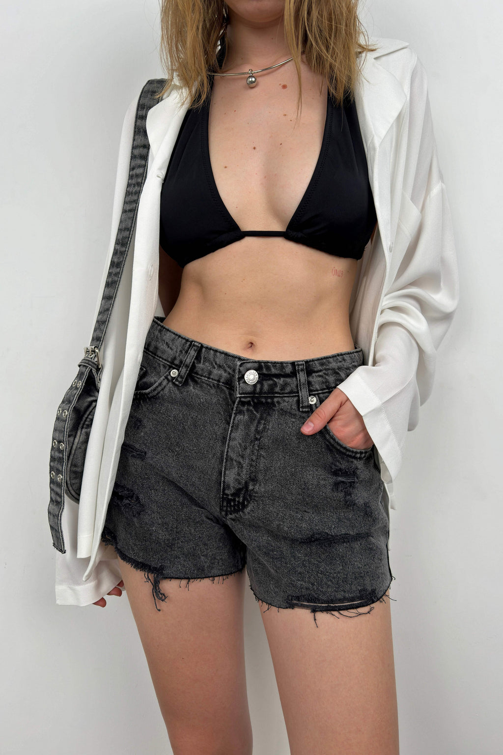 Laser Cut Gray Denim Shorts
