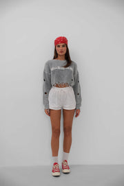 Laser Embroidered Washed Crop Gray Sweater