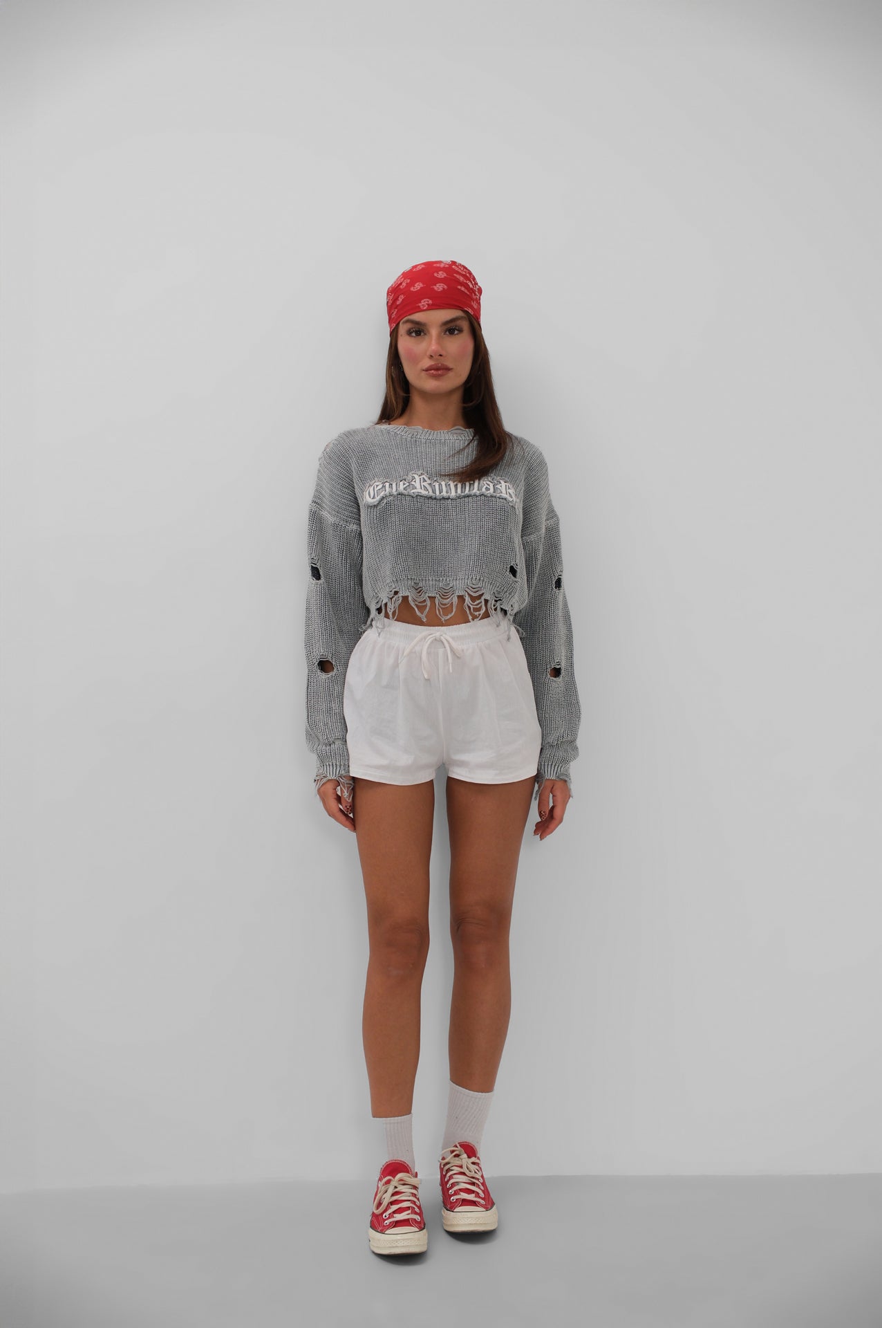 Laser Cut Embroidered Washed Crop Gray Sweater