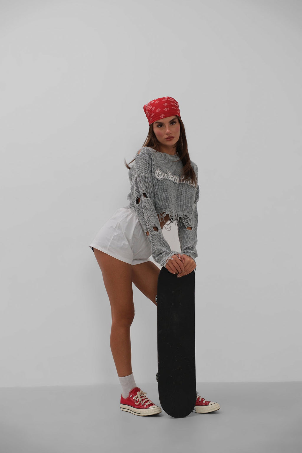 Laser Cut Embroidered Washed Crop Gray Sweater