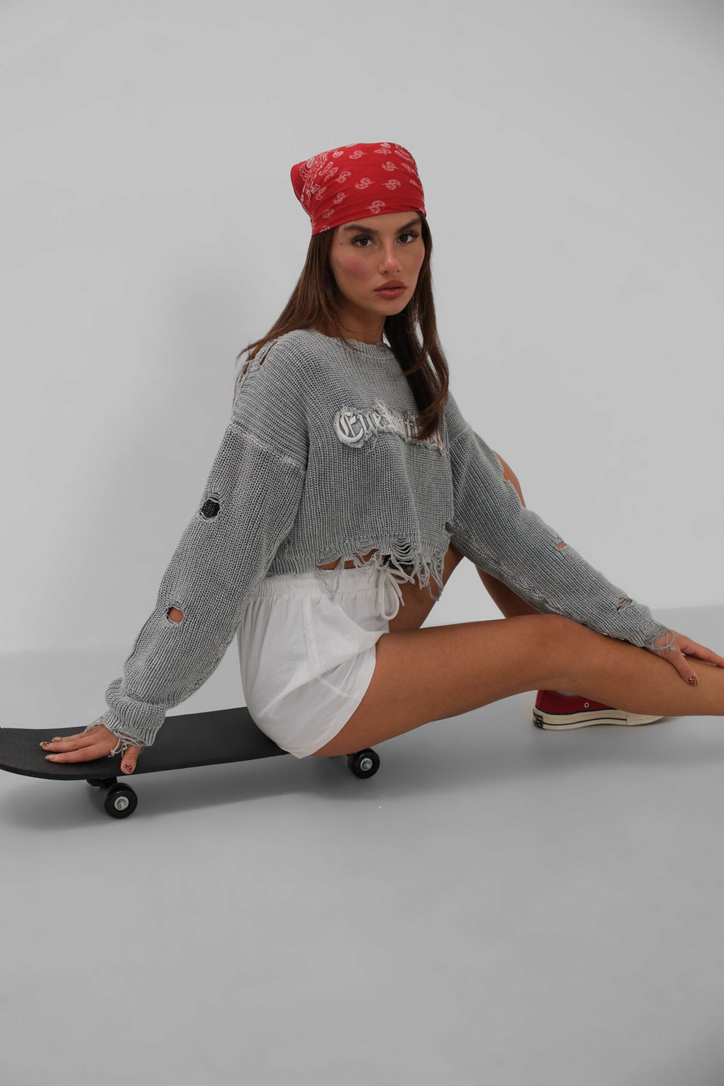 Laser Cut Embroidered Washed Crop Gray Sweater
