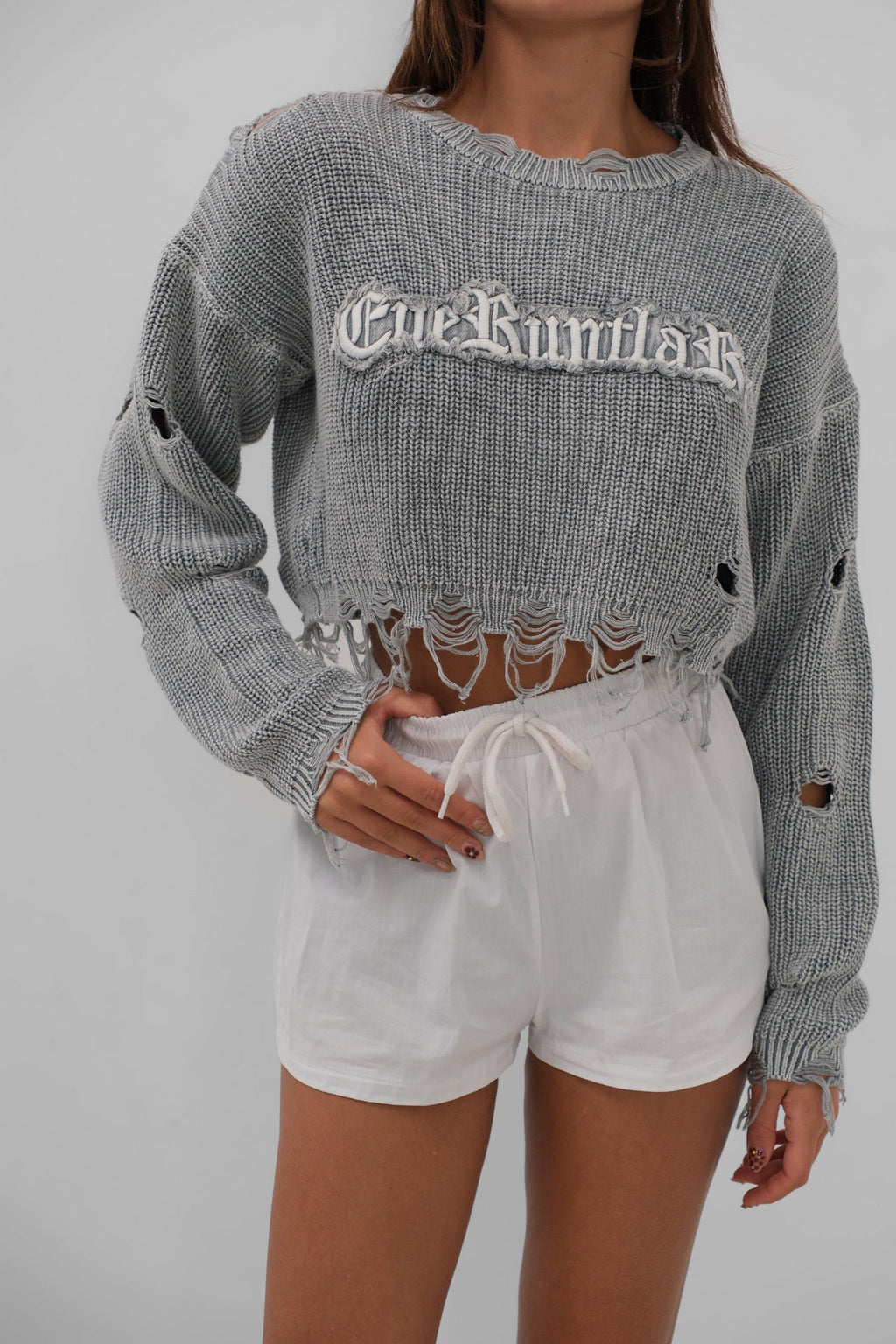Laser Cut Embroidered Washed Crop Gray Sweater