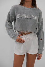 Laser Cut Embroidered Washed Crop Gray Sweater