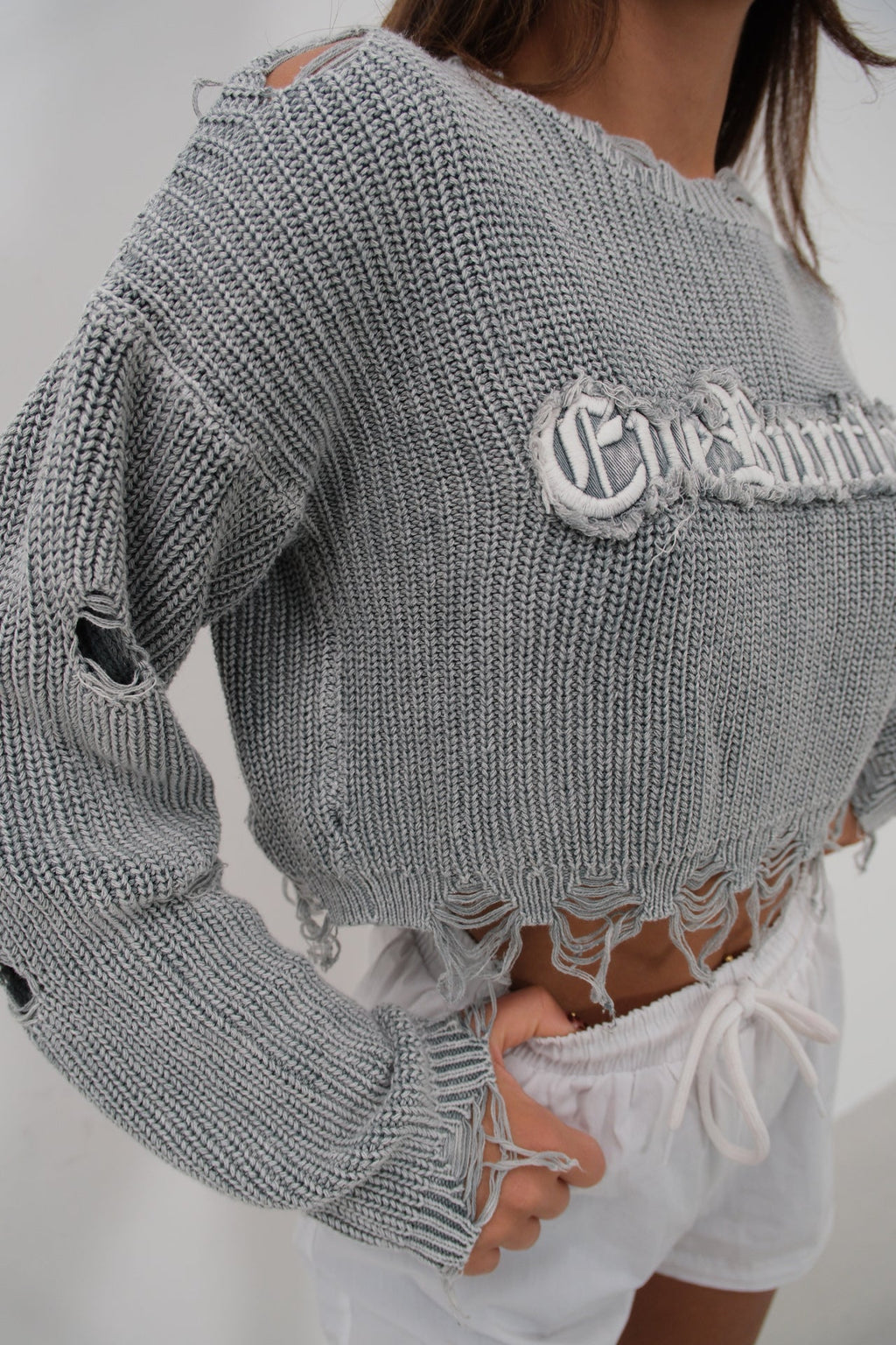 Laser Cut Embroidered Washed Crop Gray Sweater