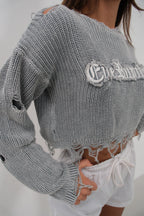 Laser Cut Embroidered Washed Crop Gray Sweater