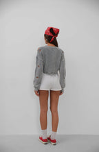 Laser Cut Embroidered Washed Crop Gray Sweater