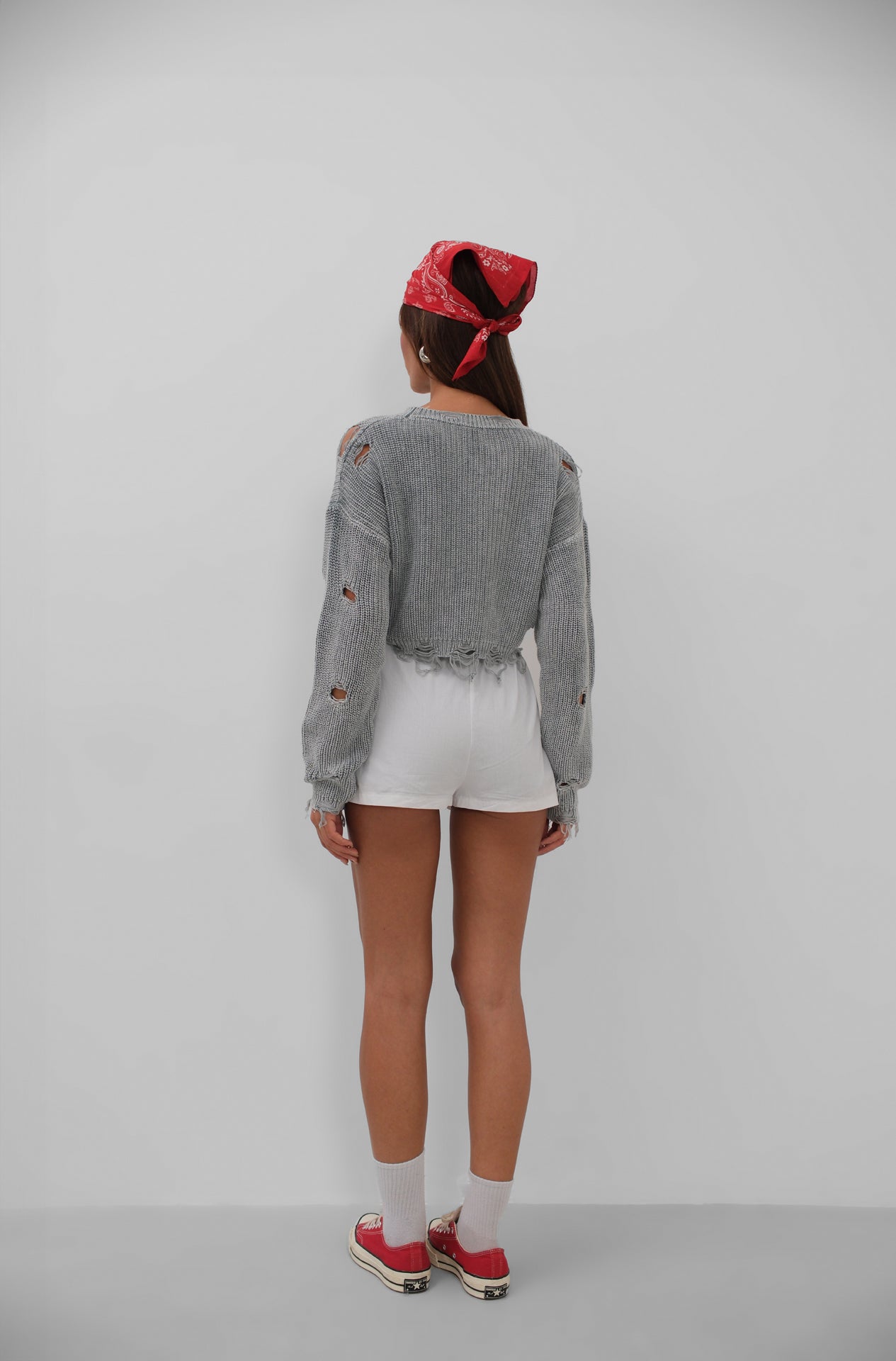 Laser Cut Embroidered Washed Crop Gray Sweater