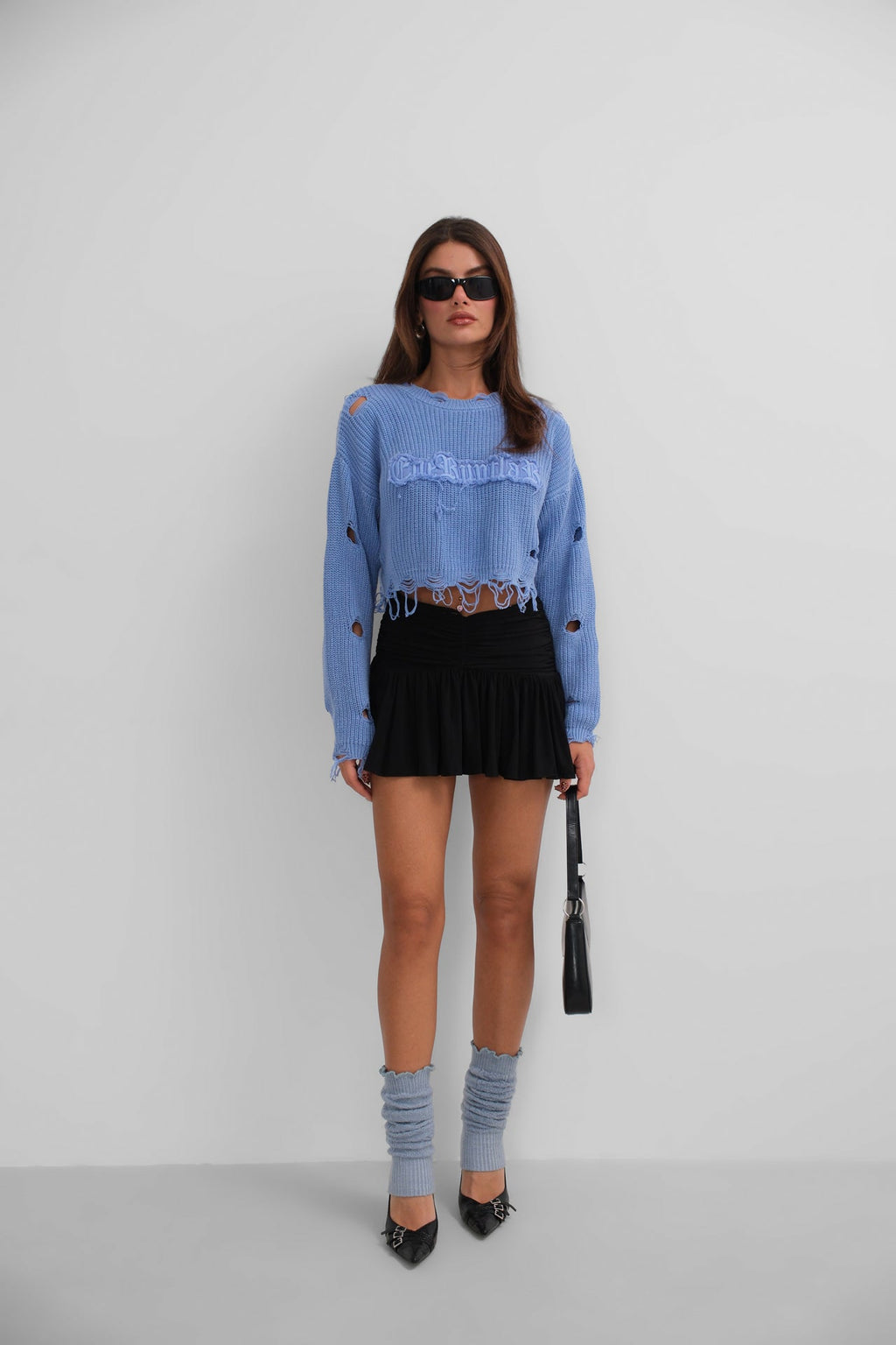 Laser Cut Embroidered Washed Crop Blue Sweater