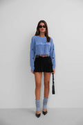Laser Cut Embroidered Washed Crop Blue Sweater