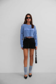 Laser Embroidered Washed Crop Blue Sweater