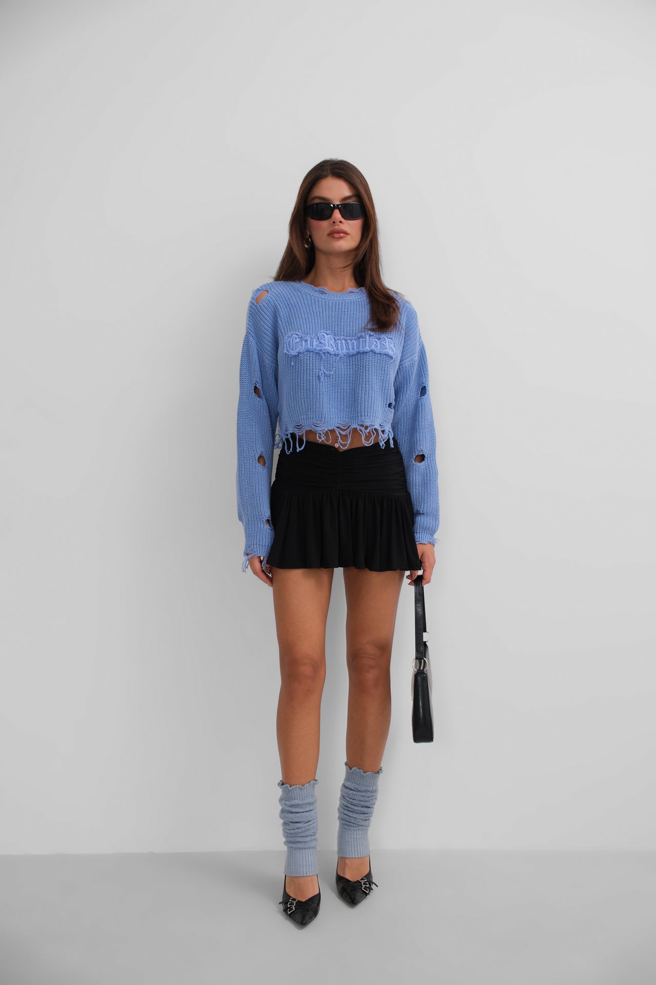 Laser Cut Embroidered Washed Crop Blue Sweater