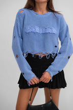 Laser Cut Embroidered Washed Crop Blue Sweater
