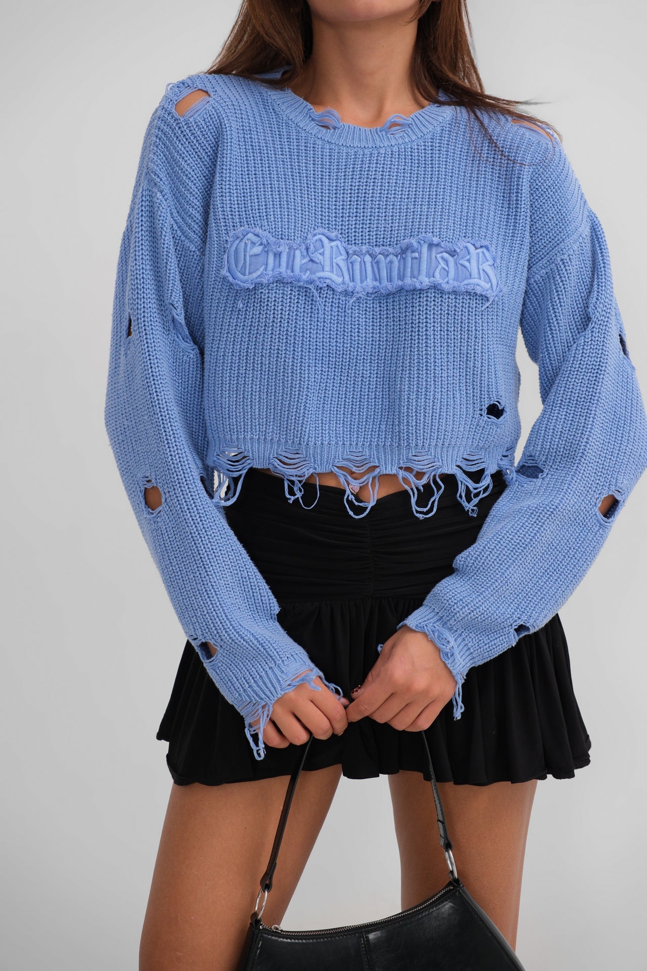 Laser Cut Embroidered Washed Crop Blue Sweater