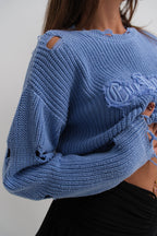 Laser Cut Embroidered Washed Crop Blue Sweater