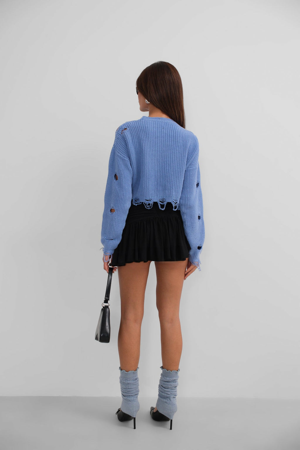 Laser Cut Embroidered Washed Crop Blue Sweater