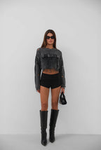 Laser Cut Embroidered Washed Crop Smoke Sweater
