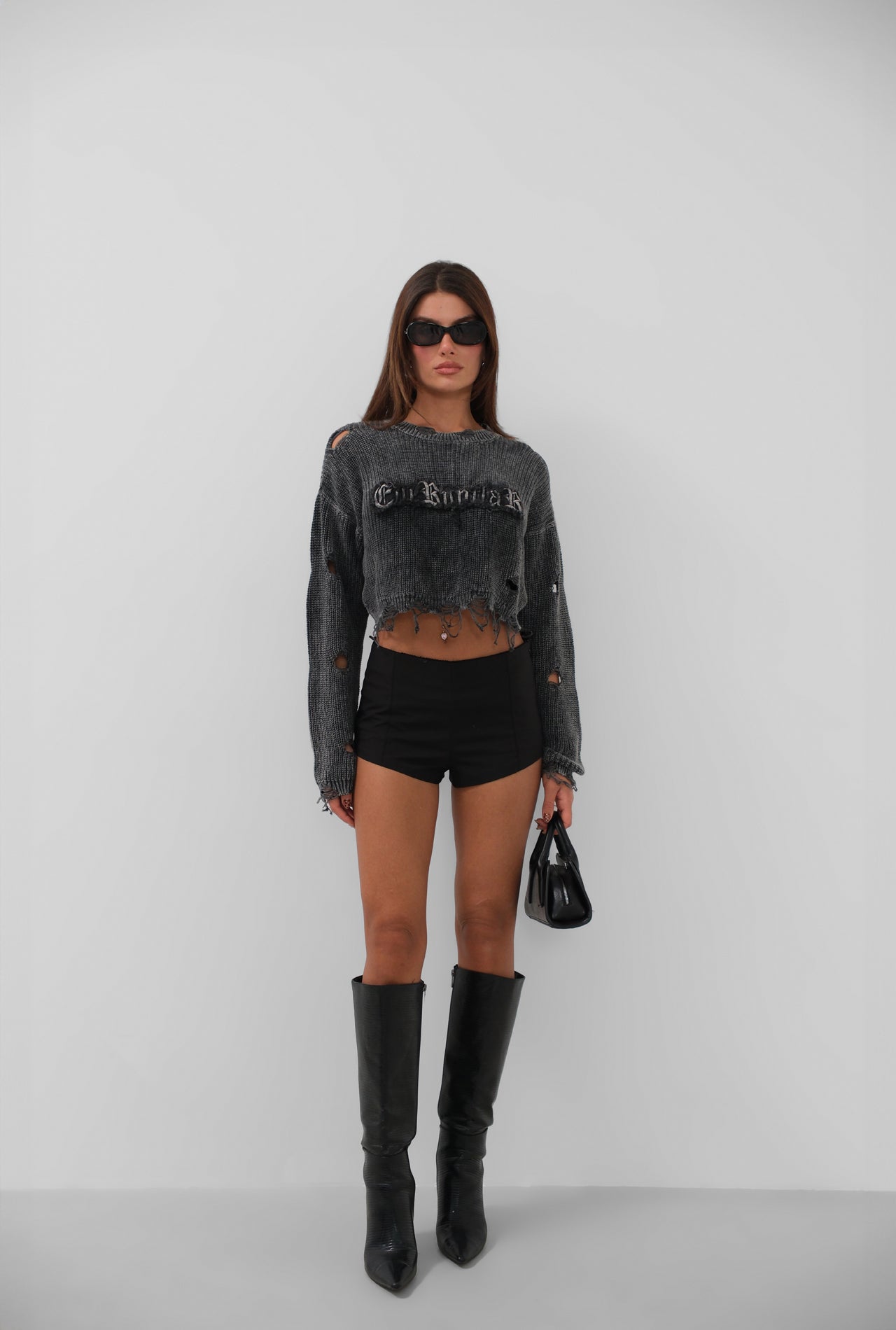 Laser Cut Embroidered Washed Crop Smoke Sweater